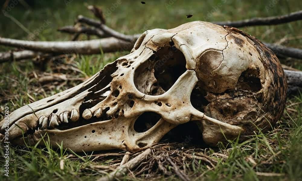 Animal skull resting on forest floor surrounded by flies Animal skull resting on forest floor surrounded by flies