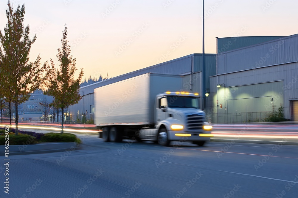 A transport truck rapidly moving through a quiet industrial area, with motion blur to illustrate the speed and efficiency of freight services