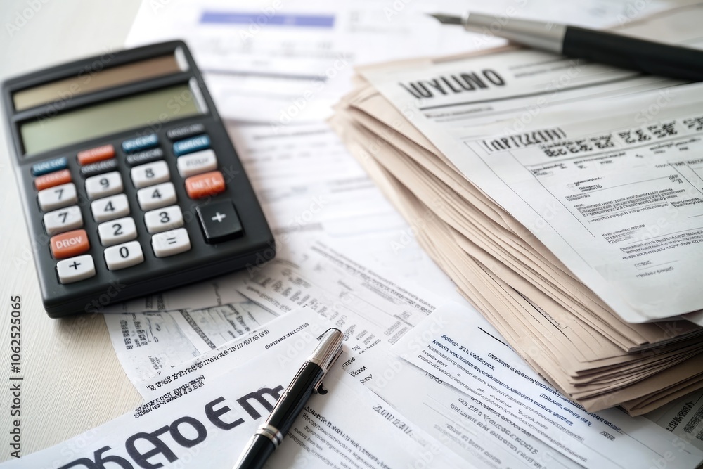 A close-up of a stack of overdue bills and debt notices, with a calculator and pen on the table, emphasizing the financial stress and burden of managing debt A close-up of a stack of overdue bills and debt notices, with a calculator and pen on the table, emphasizing the financial stress and burden of managing debt