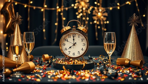Festive table setting with clock, champagne, and party decorations.