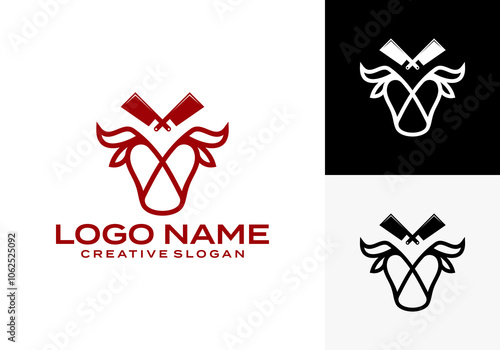 Logo design inspiration illustration of Angus Bull Longhorn Bull Head with Celtic Knot Line Style and a kitchen knife