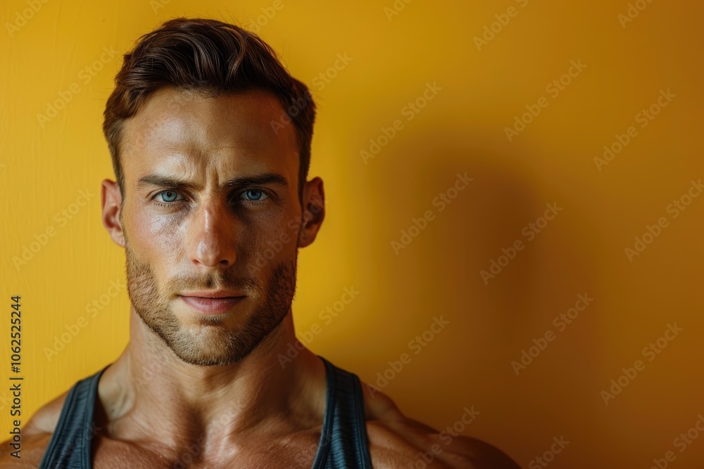 Fototapeta premium A strong, fit man with a sharp gaze and a calm demeanor, solid color background representing the integration of physical and mental fitness, ideal for gym advertising