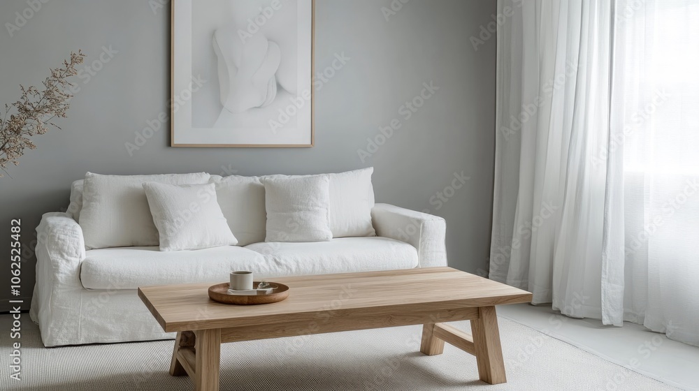 A realistic photo of a bright and airy living room, showcasing a wooden coffee table near a white sofa. The grey wall with an art poster completes the elegant, minimalist decor. Styled like a A realistic photo of a bright and airy living room, showcasing a wooden coffee table near a white sofa. The grey wall with an art poster completes the elegant, minimalist decor. Styled like a