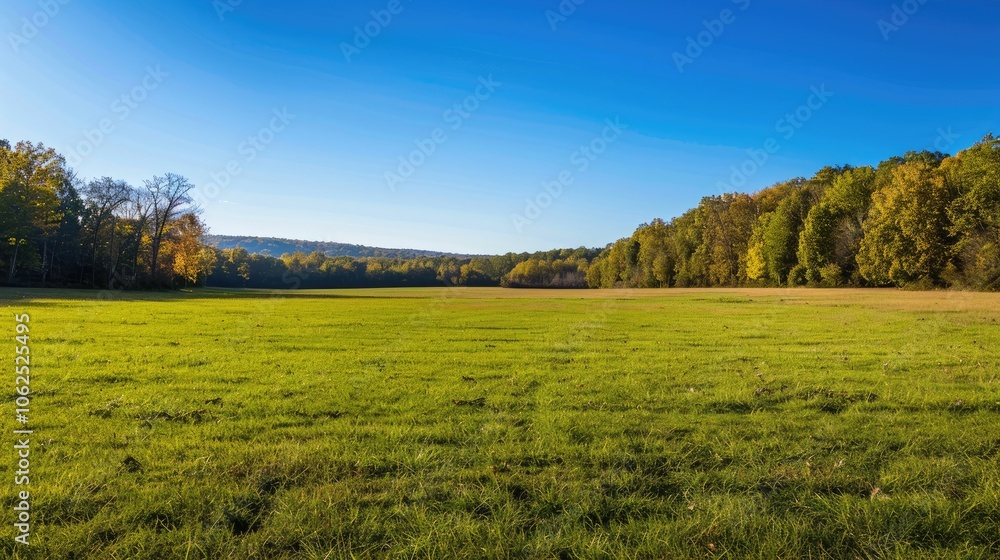 Expansive meadow with short grass, distant forest, and clear sky in park on sunny autumn day. Expansive meadow with short grass, distant forest, and clear sky in park on sunny autumn day.