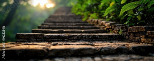 Stone pathway surrounded by lush greenery in a serene natural setting. photo