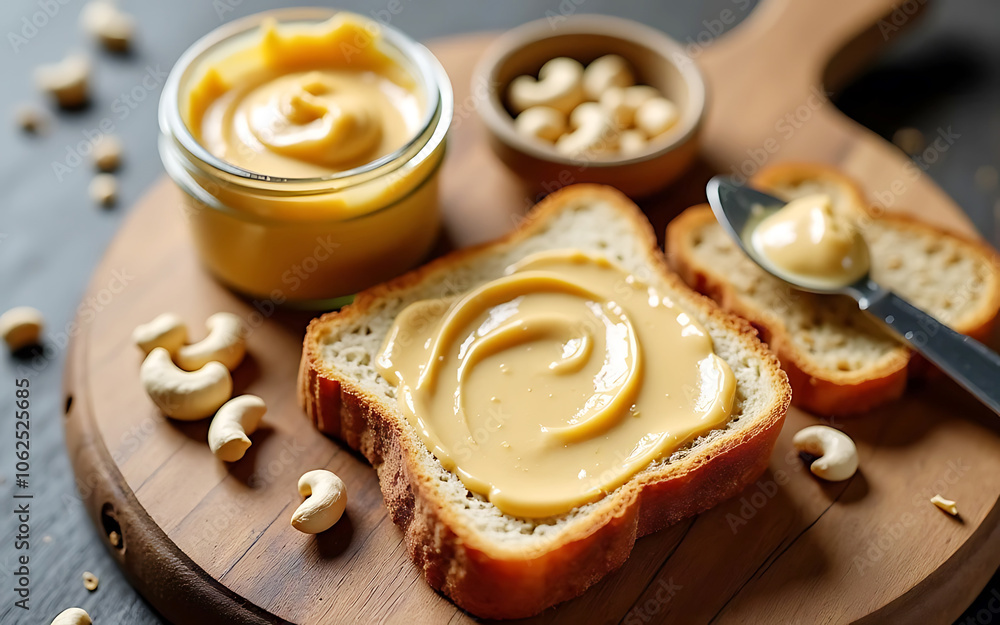 A high-quality, overhead shot of cashew butter spread smoothly on a piece of toasted bread. Next to the toast, place a small jar of cashew butter, a spoon with some butter on it. A high-quality, overhead shot of cashew butter spread smoothly on a piece of toasted bread. Next to the toast, place a small jar of cashew butter, a spoon with some butter on it.