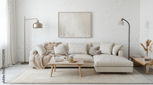 A realistic photo of a cozy living room featuring white walls, a beige sofa, and a coffee table The soft rug, standing floor lamp, and wall art create a stylish yet inviting space Cushions and throws photo