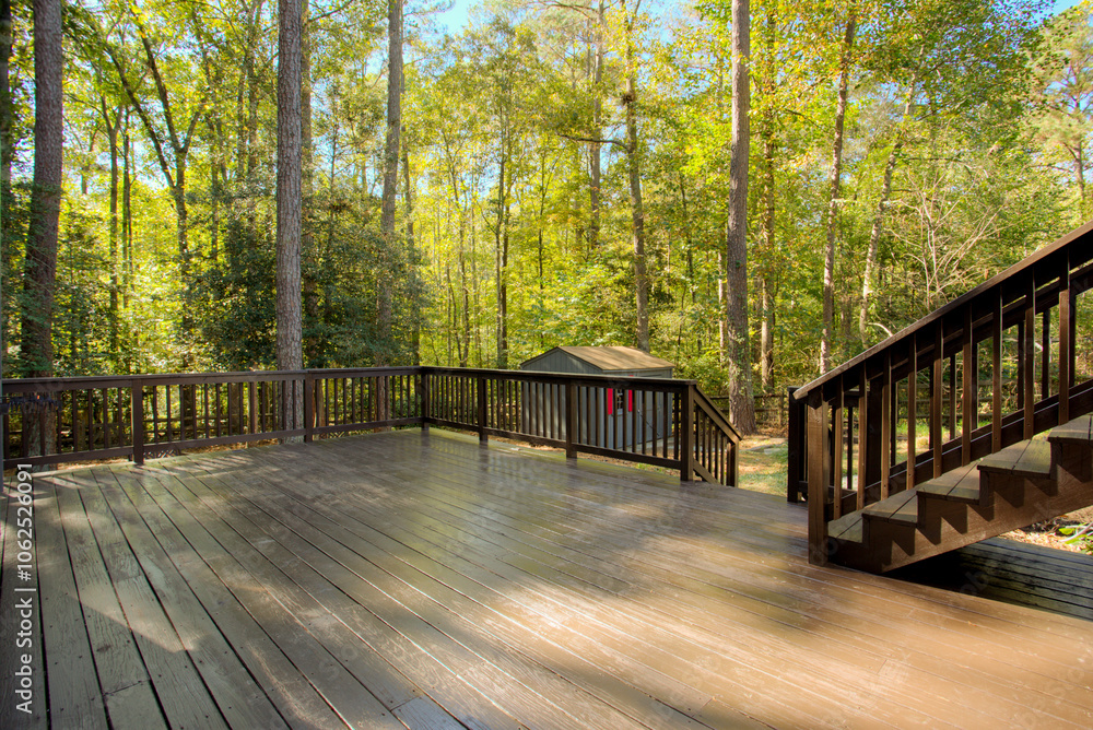 Spacious Wooden Deck In A Lush Forest Setting Landscape Spacious Wooden Deck In A Lush Forest Setting Landscape