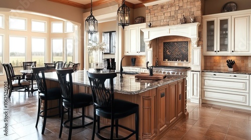 Modern Kitchen with Marble Countertops, White Cabinets, and a Large Island with Black Chairs .