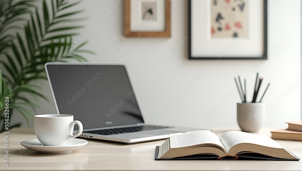 Fototapeta premium minimalistic desk setup with a laptop, coffee cup, and open book, surrounded by abstract wall art.