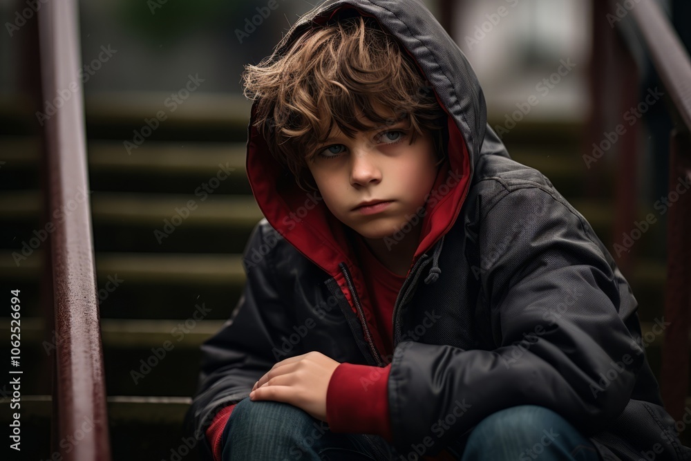 Sad little boy sitting on the stairs in the rain. Sad child. Sad little boy sitting on the stairs in the rain. Sad child.