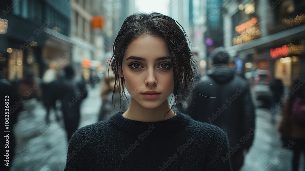 A woman in a black sweater with dark hair gazes intently at the camera while standing in a bustling city street surrounded by buildings and people in motion. A woman in a black sweater with dark hair gazes intently at the camera while standing in a bustling city street surrounded by buildings and people in motion.