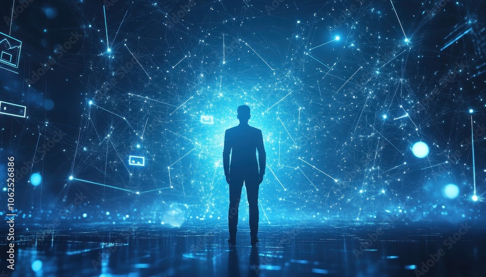 Silhouette of a Man Standing in a Digital Network of Blue Lines and Stars Silhouette of a Man Standing in a Digital Network of Blue Lines and Stars