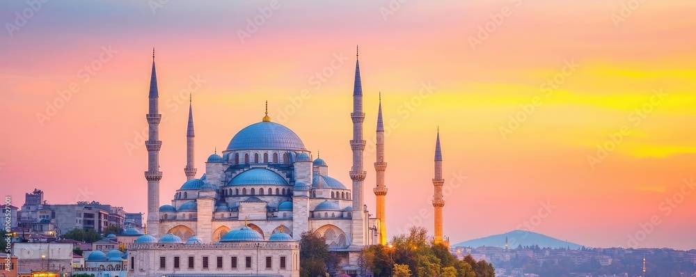 Naklejka premium Stunning mosque silhouette under a vibrant sunset sky.