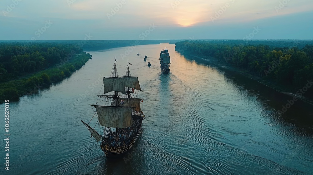 Obraz premium Sailing ship navigating a river at sunset, surrounded by lush greenery.
