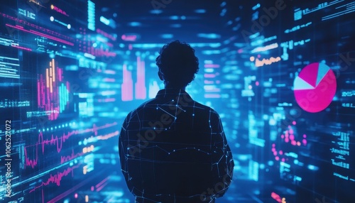 A Silhouette of a Person Standing in Front of a Wall of Data and Charts