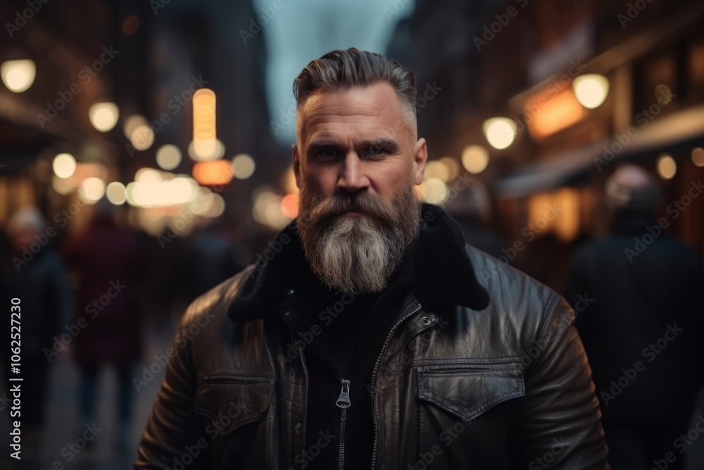Portrait of a handsome mature man with long gray beard and mustache in the city at night Portrait of a handsome mature man with long gray beard and mustache in the city at night