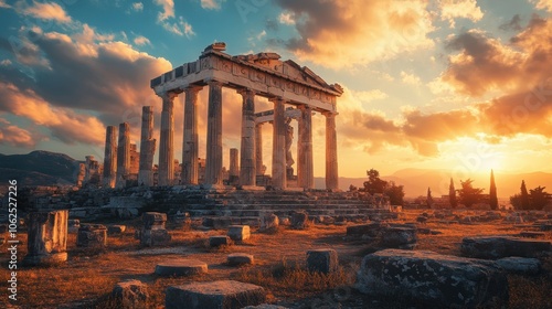 Ancient Greek temple ruins with god statue, open landscape, clouds, and sun rays.