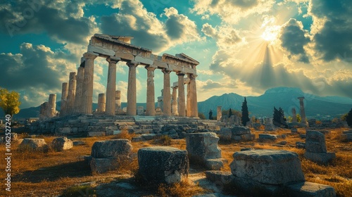 Obraz na płótnie Ancient Greek temple ruins with god statue, open landscape, clouds, and sun rays.
w salonie