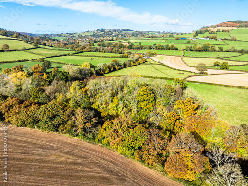 Fields and Farms over River Usk from a drone, Brecon, Brecon Beacons, Powys, Wales, England photo