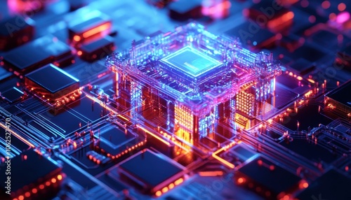 A glowing, transparent processor chip on a circuit board