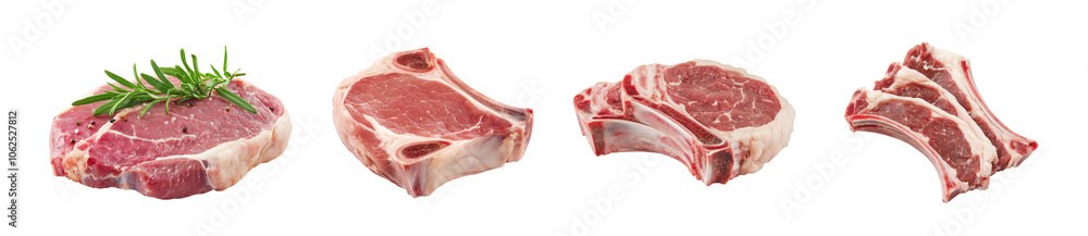 Four cuts of fresh meat with herbs, isolated on a white background. Four cuts of fresh meat with herbs, isolated on a white background.