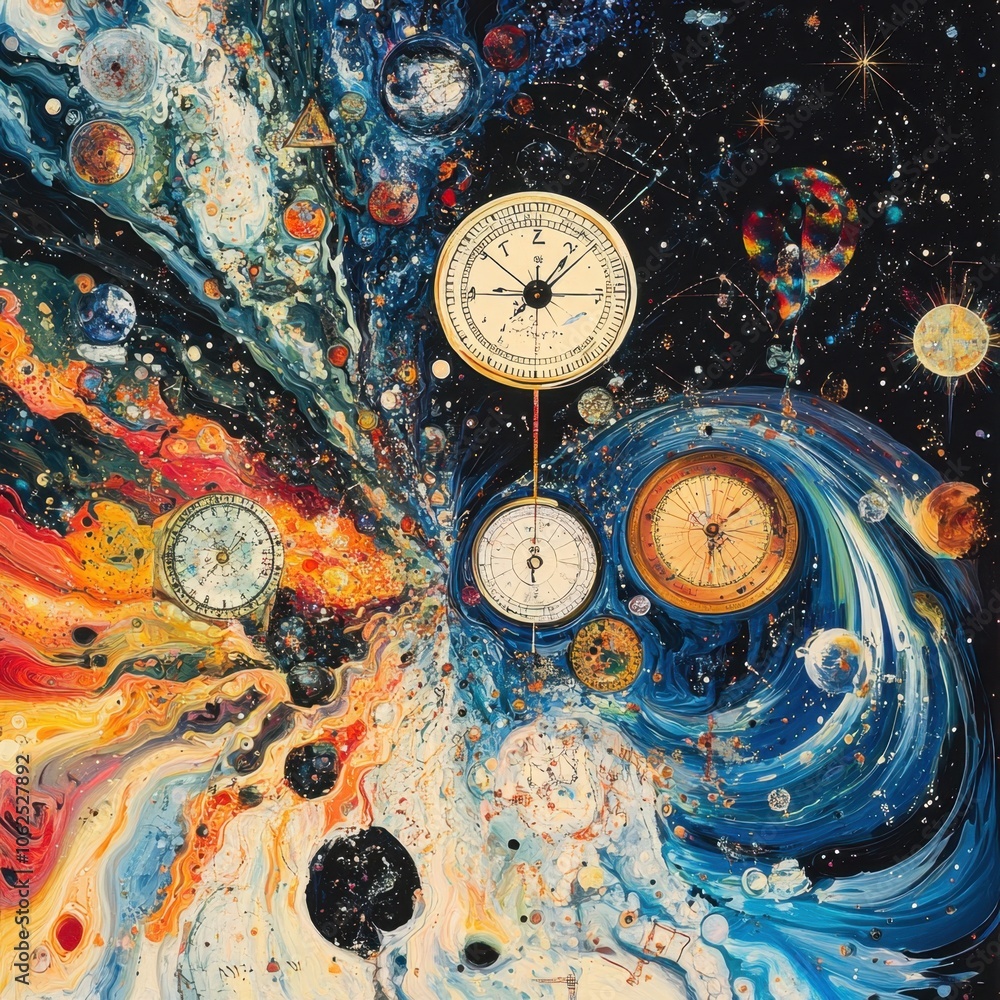Liquid gold and ink swirl with fragmented clock gears and hourglasses in a dreamlike void.