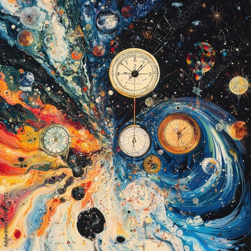 Obraz na płótnie Liquid gold and ink swirl with fragmented clock gears and hourglasses in a dreamlike void.
w salonie
