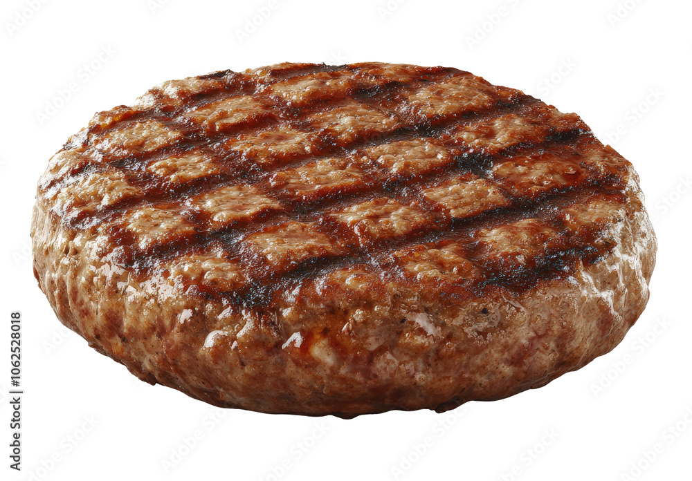 Grilled burger patty, golden brown with grill marks, white isolate background. Grilled burger patty, golden brown with grill marks, white isolate background.