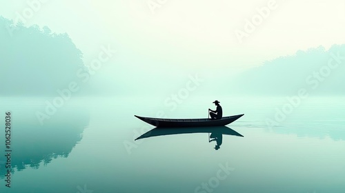 Silhouette of a person in a small boat on a misty lake at dawn.