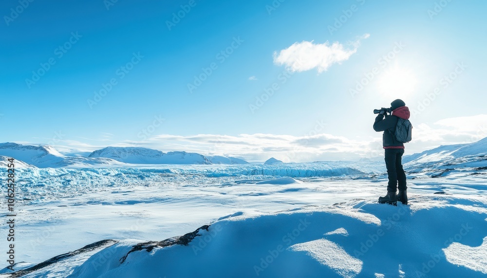 A lone figure admires a vast glacier landscape in Iceland. A lone figure admires a vast glacier landscape in Iceland.