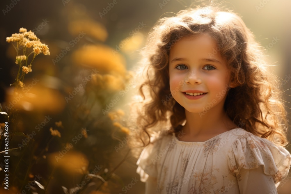 Portrait of a beautiful little girl in a field with yellow flowers Portrait of a beautiful little girl in a field with yellow flowers