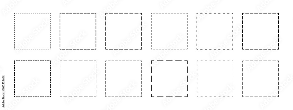 Obraz premium Set of geometric square shapes with dashed lines. Dotted figures isolated on white background. Simple cut here pictograms. Vector outline illustration.