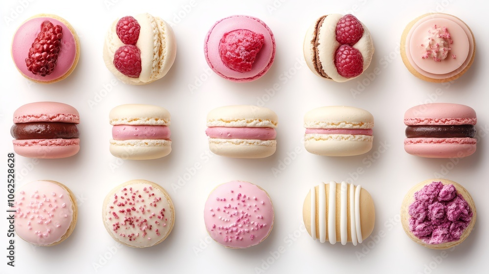 Obraz premium Pink and White Macarons and Pastries with Raspberry and Chocolate Filling on White Background