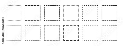 Set of geometric square shapes with dashed lines. Dotted figures isolated on white background. Simple cut here pictograms. Vector outline illustration.