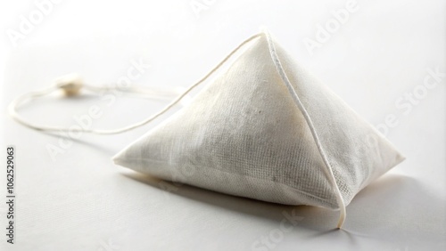 White triangular muslin tea bag with string and tassel photo