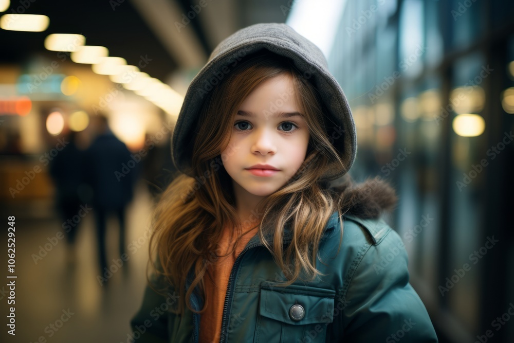 Portrait of a cute little girl in a coat and hat in the city. Portrait of a cute little girl in a coat and hat in the city.