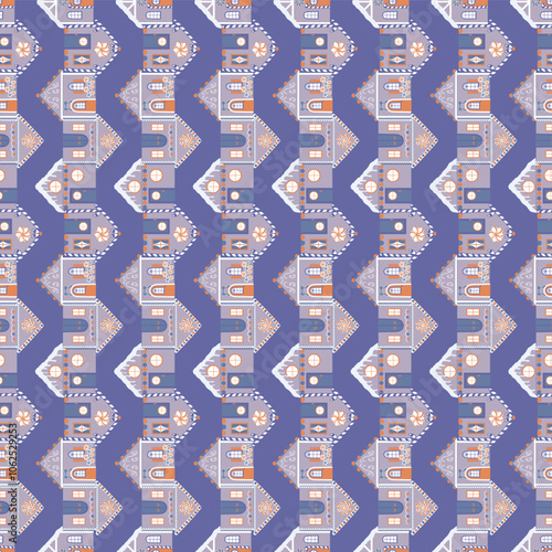 Gingerbread Houses in non Traditional Purple and Orange in a Zigzag Vertical Stripe creating a seamless pattern print background