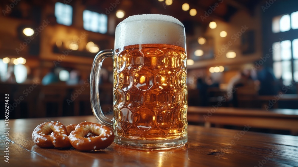 Tall mug of German beer with foam head on rustic table in Bavarian beer hall with festive crowd.
Tall mug of German beer with foam head on rustic table in Bavarian beer hall with festive crowd.