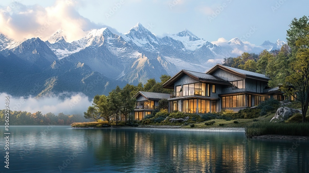 Mountain Retreat: Tranquil Villas Amidst Majestic Peaks and Verdant Trees on the Lake Mountain Retreat: Tranquil Villas Amidst Majestic Peaks and Verdant Trees on the Lake
