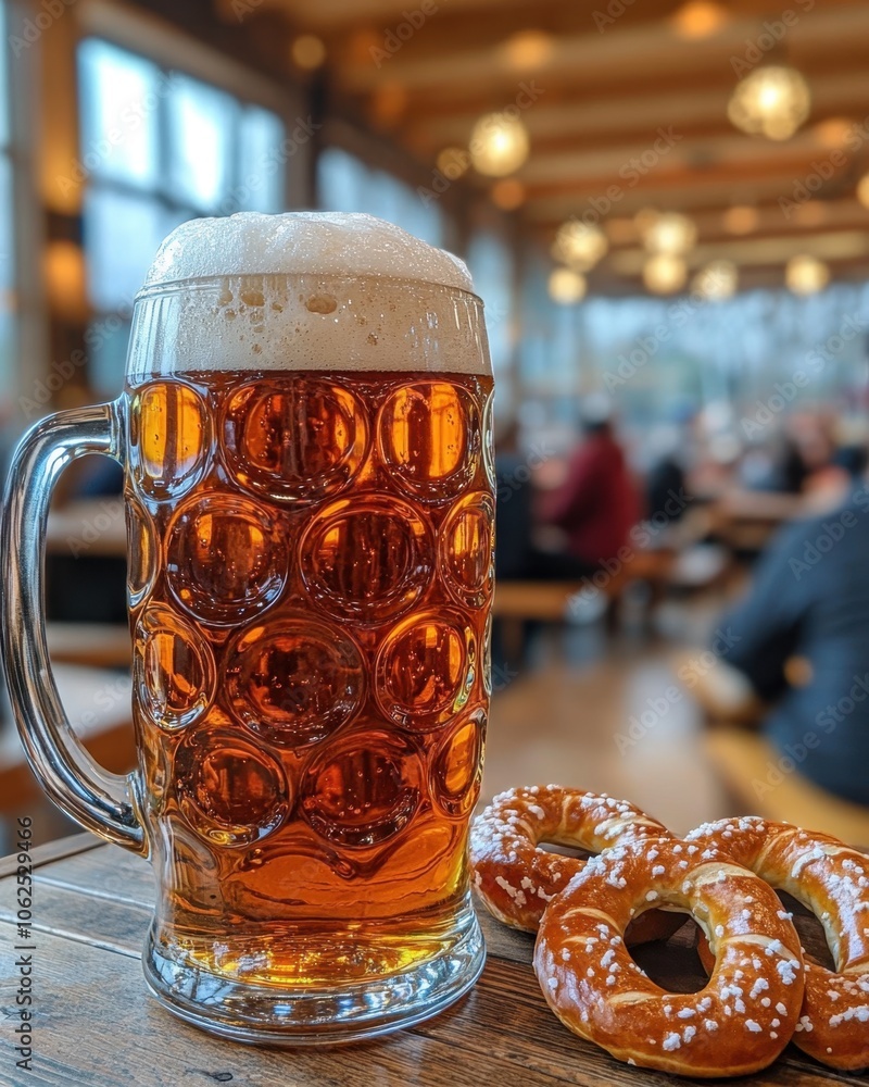 Tall mug of German beer with foam head on rustic table in Bavarian beer hall with festive crowd.