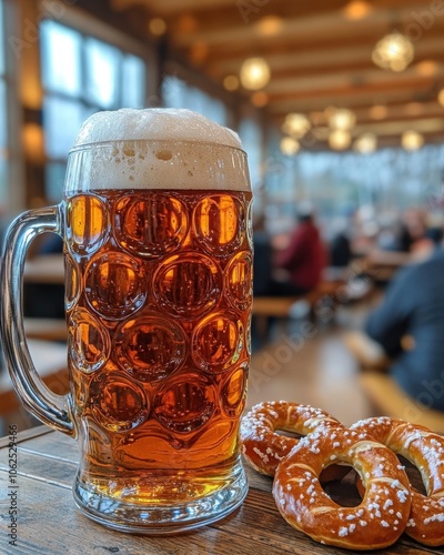 Obraz na płótnie Tall mug of German beer with foam head on rustic table in Bavarian beer hall with festive crowd.
w salonie