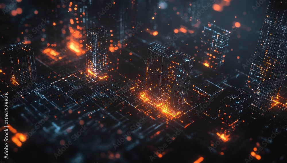 Fototapeta premium A Futuristic Cityscape with Glowing Towers and Circuitry