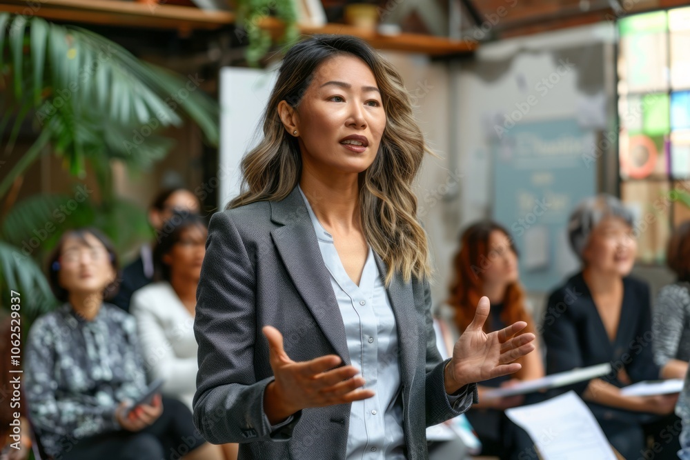 Female leader motivating her team, conducting a morning briefing Female leader motivating her team, conducting a morning briefing