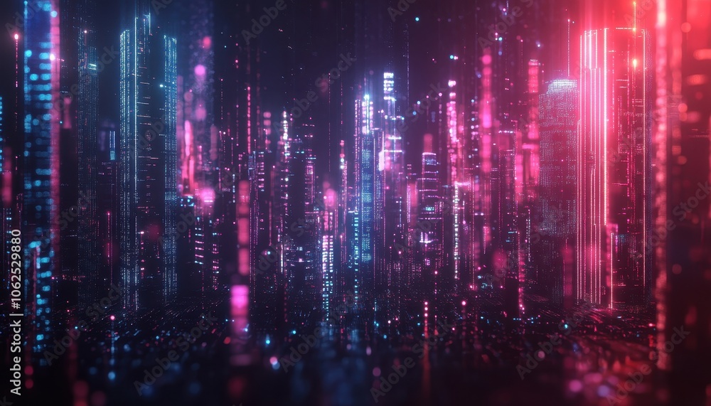 Digital Cityscape with Neon Lights and Blurry Buildings Digital Cityscape with Neon Lights and Blurry Buildings