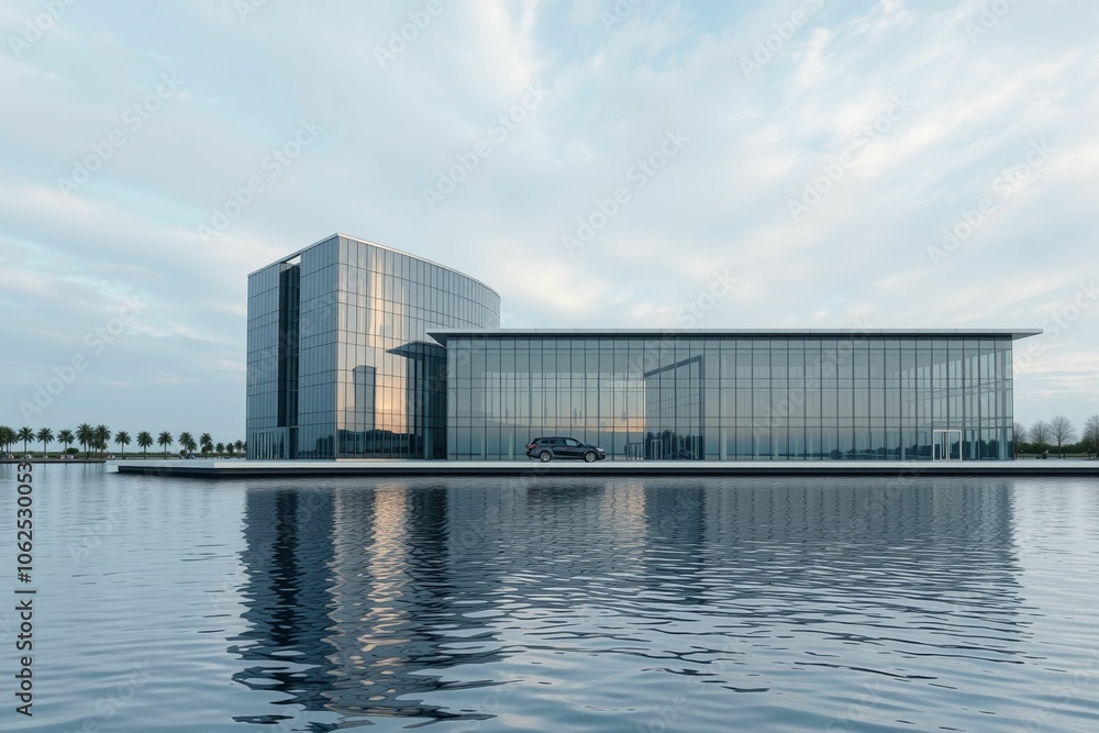 Futuristic Glass Building with Reflective Windows on Water.generative AI
Futuristic Glass Building with Reflective Windows on Water.generative AI