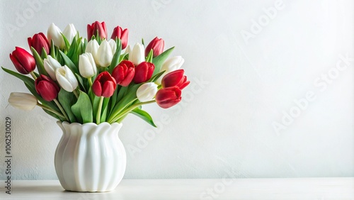 white vase holding bouquet red tulips against background #1062530029