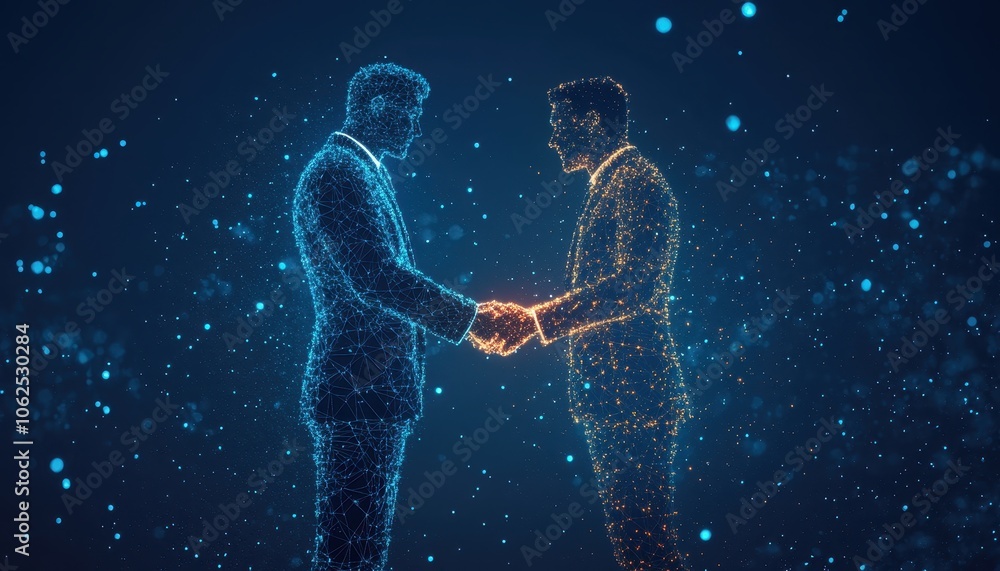 Two glowing figures shaking hands in a digital space Two glowing figures shaking hands in a digital space