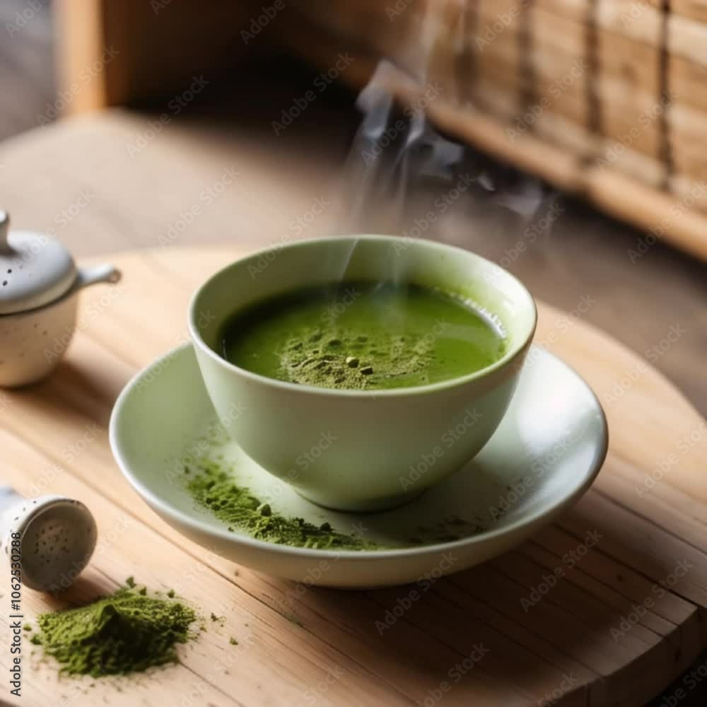green tea matcha on wooden table, 4k animation video green tea matcha on wooden table, 4k animation video