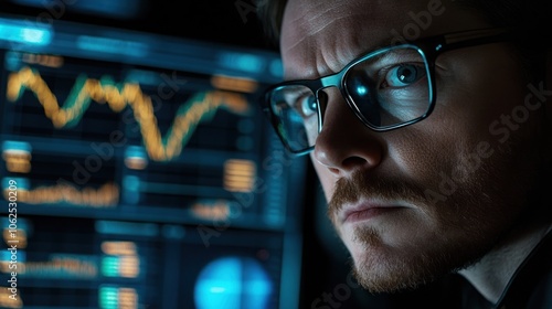 A man in glasses looks intently at a computer screen displaying financial data.